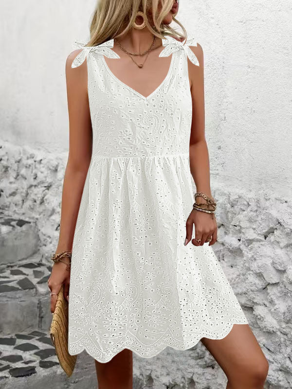 Damen luftiges Sommerkleid mit dekorativem Lochmuster und süßen Trägern Drune