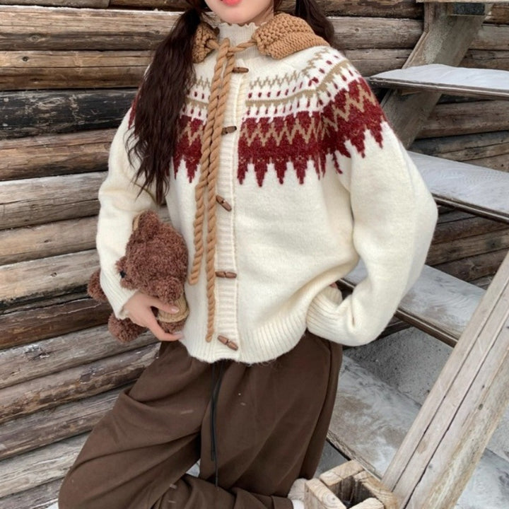 Damen Gemütlicher Strickpullover mit traditionellem Norweger-Muster und Kapuze Drune