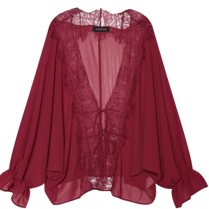 Damen Transparenter Chiffonkimono mit Spitzenbesatz und Volumenärmeln Drune