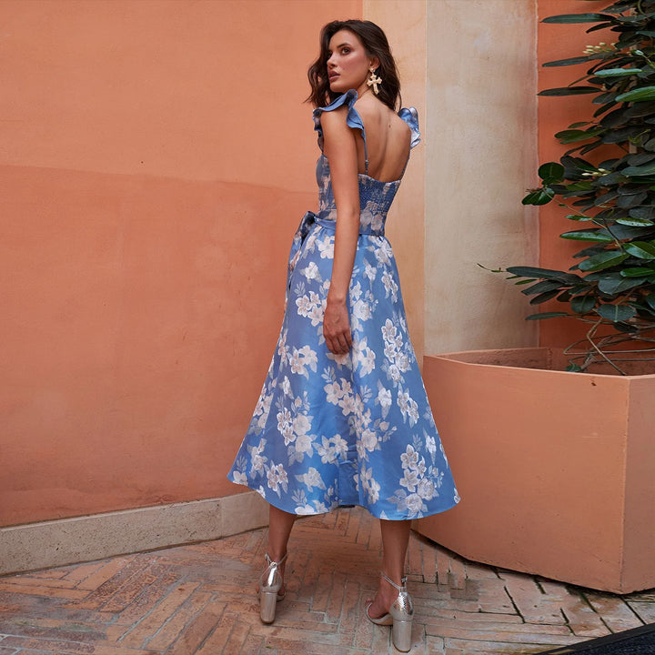 Damen Blumenkleid mit Taillengürtel und Rüschendetails Drune