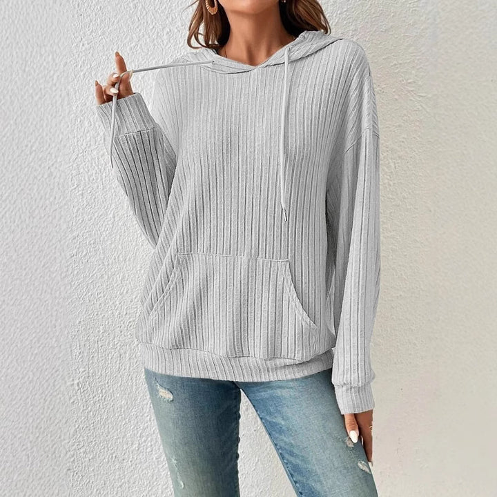 Damen lässiger Kapuzenpullover mit Rippenstruktur und Kängurutasche Drune