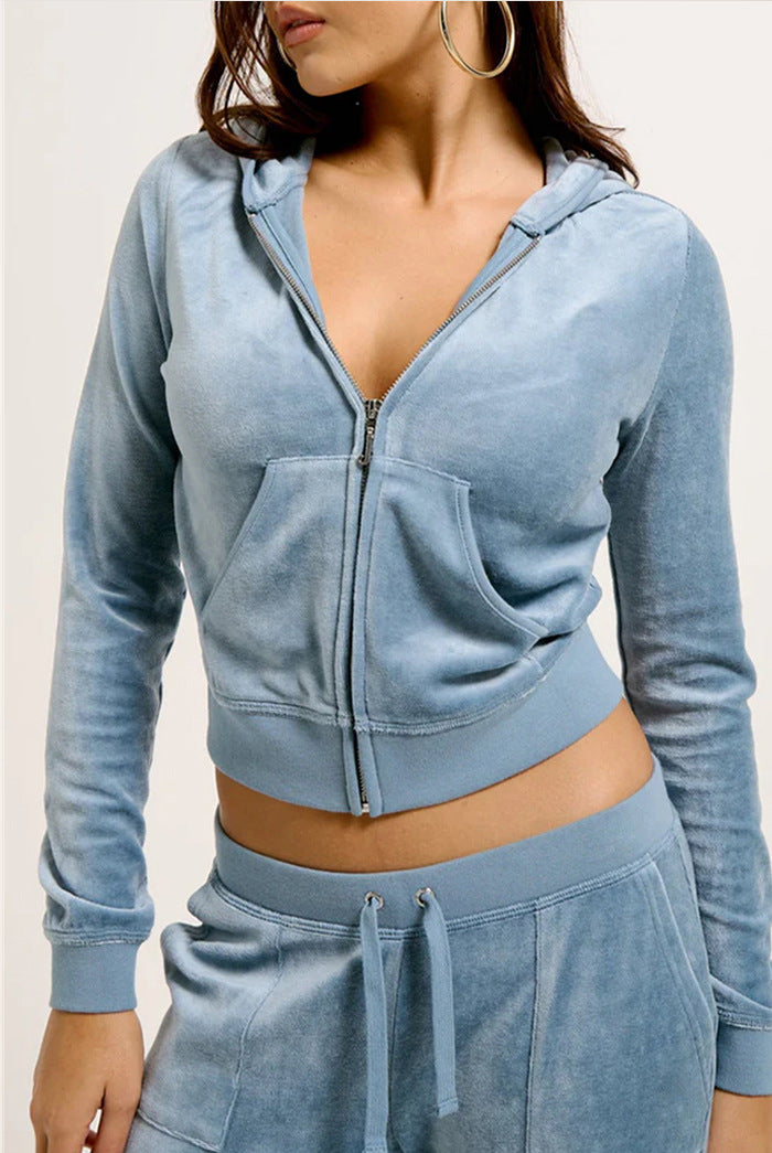 Damen Samtvelours Cropped-Zipjacke mit Kängurutasche und hochgeschnittener Bündchenhose Drune