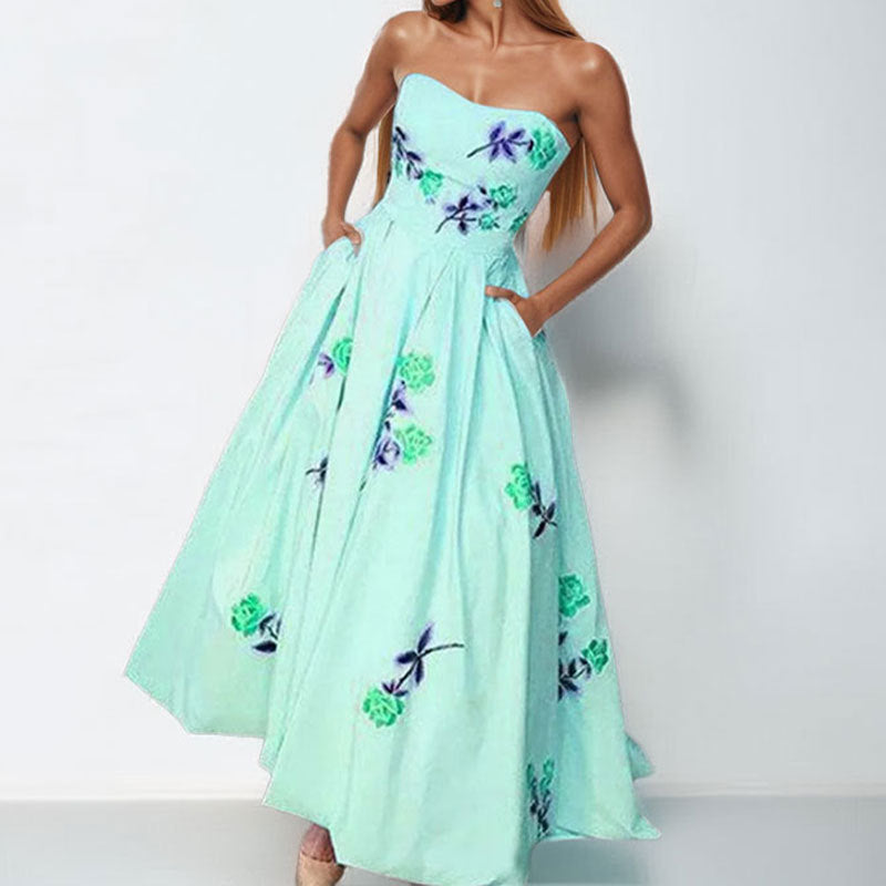 Damen Elegantes Strapless Maxikleid mit floralem Design und seitlichen Taschen Drune