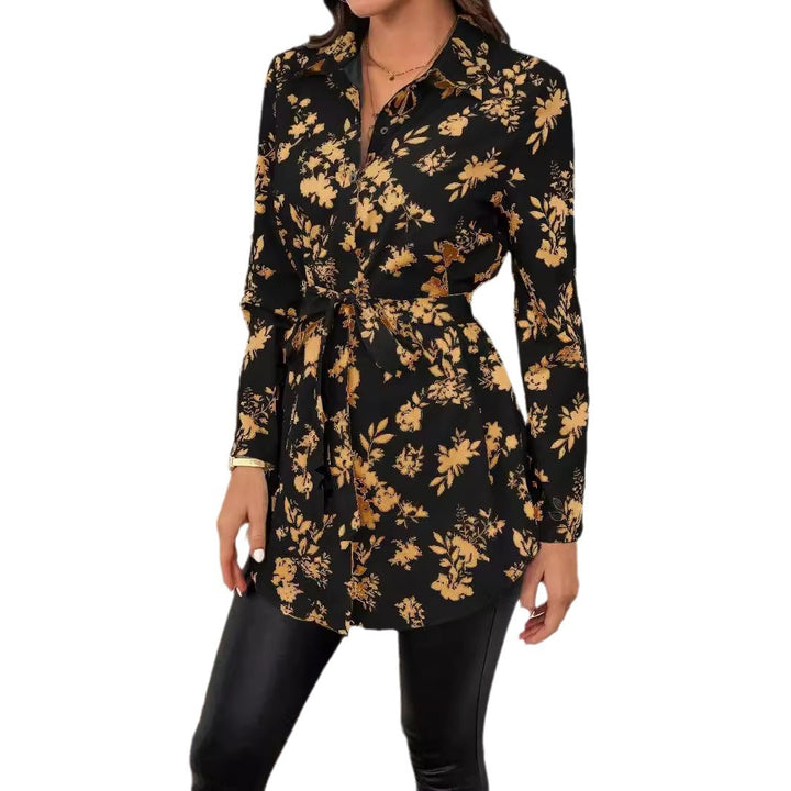 Damen nan lockere Hemdblusen-Tunika mit floralem Allover-Print, Bindegürtel und Krempelärmeln Drune