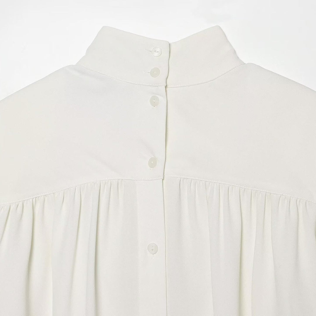 Damen Bluse mit hohem Rollkragen, gerafftem Vorderteil und Schleifenärmeln Drune