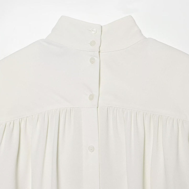 Damen Bluse mit hohem Rollkragen, gerafftem Vorderteil und Schleifenärmeln Drune