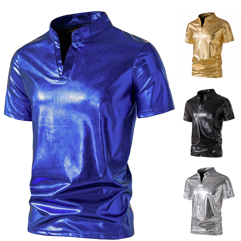 Herren modisches Metallic-T-Shirt mit hohem Kragen und kreativem Schnitt Drune