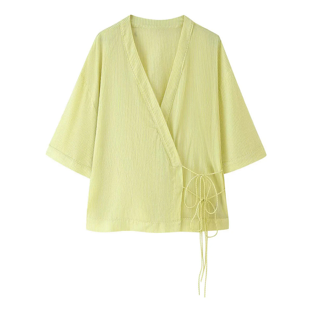 Damen nan Wickelkimono-Top mit dreiviertelärmeln, strukturierter Crinkle-Qualität und seitlichem Bindeband-Detail Drune