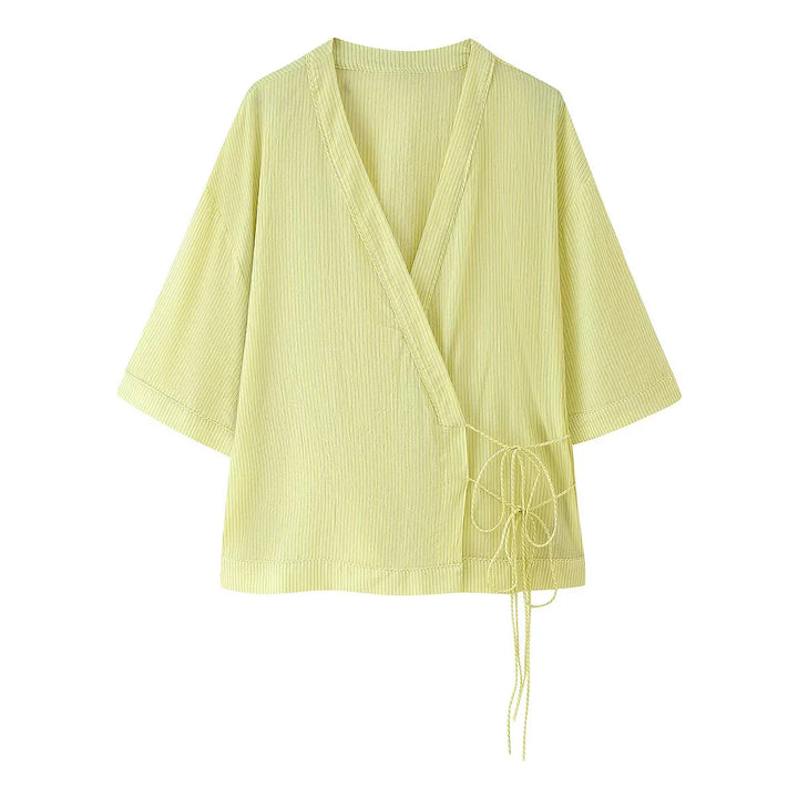Damen nan Wickelkimono-Top mit dreiviertelärmeln, strukturierter Crinkle-Qualität und seitlichem Bindeband-Detail Drune