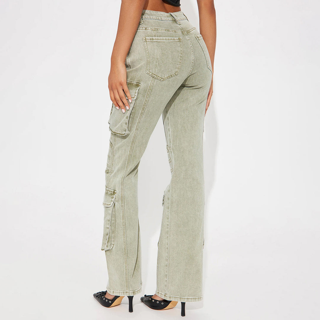 Damen High-Waist Cargo-Denimhose mit weitem Bein, Mehrfachtaschen und Used‑Details Drune