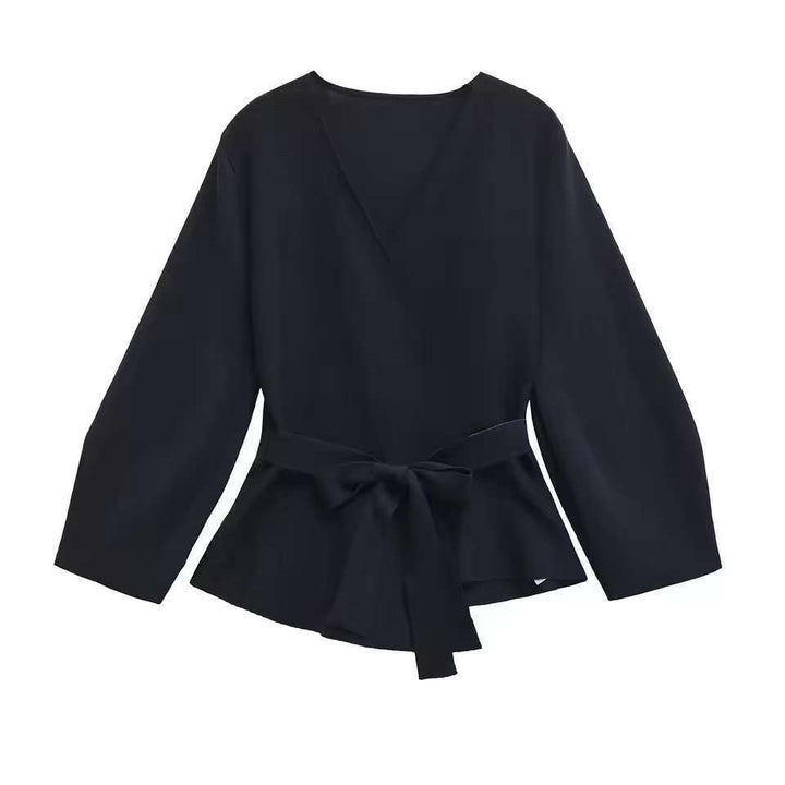 Damen Taillierte Bluse mit Wickelgürtel und Schößchen Drune