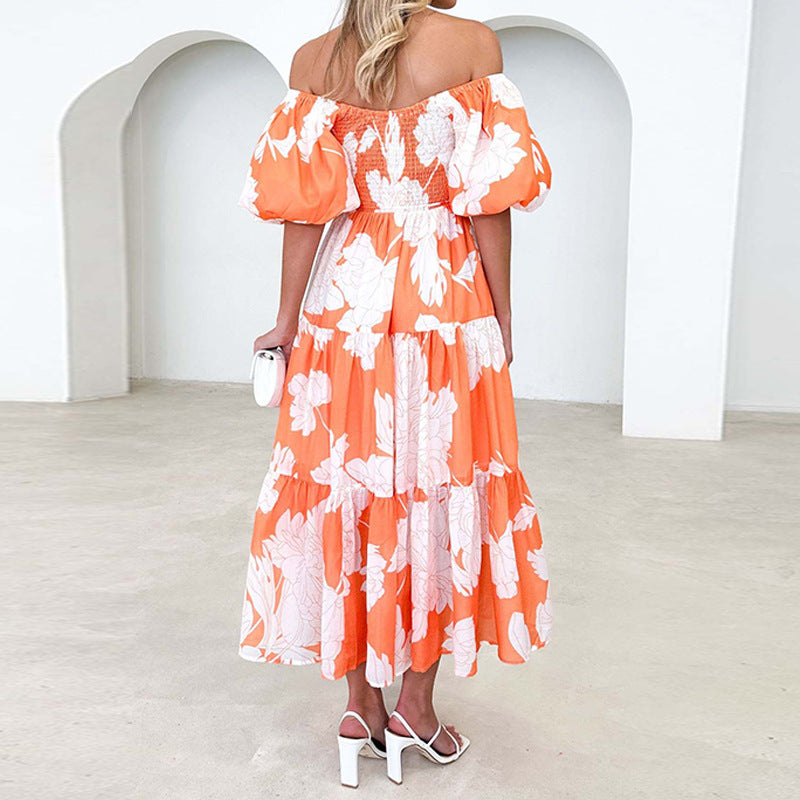 Damen Maxikleid mit voluminösen Puffärmeln und floralem Design Drune