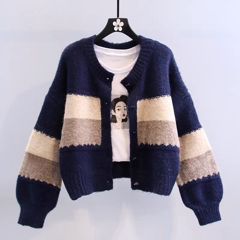 Damen modische Strickjacke mit kontrastierenden Blockstreifen Drune