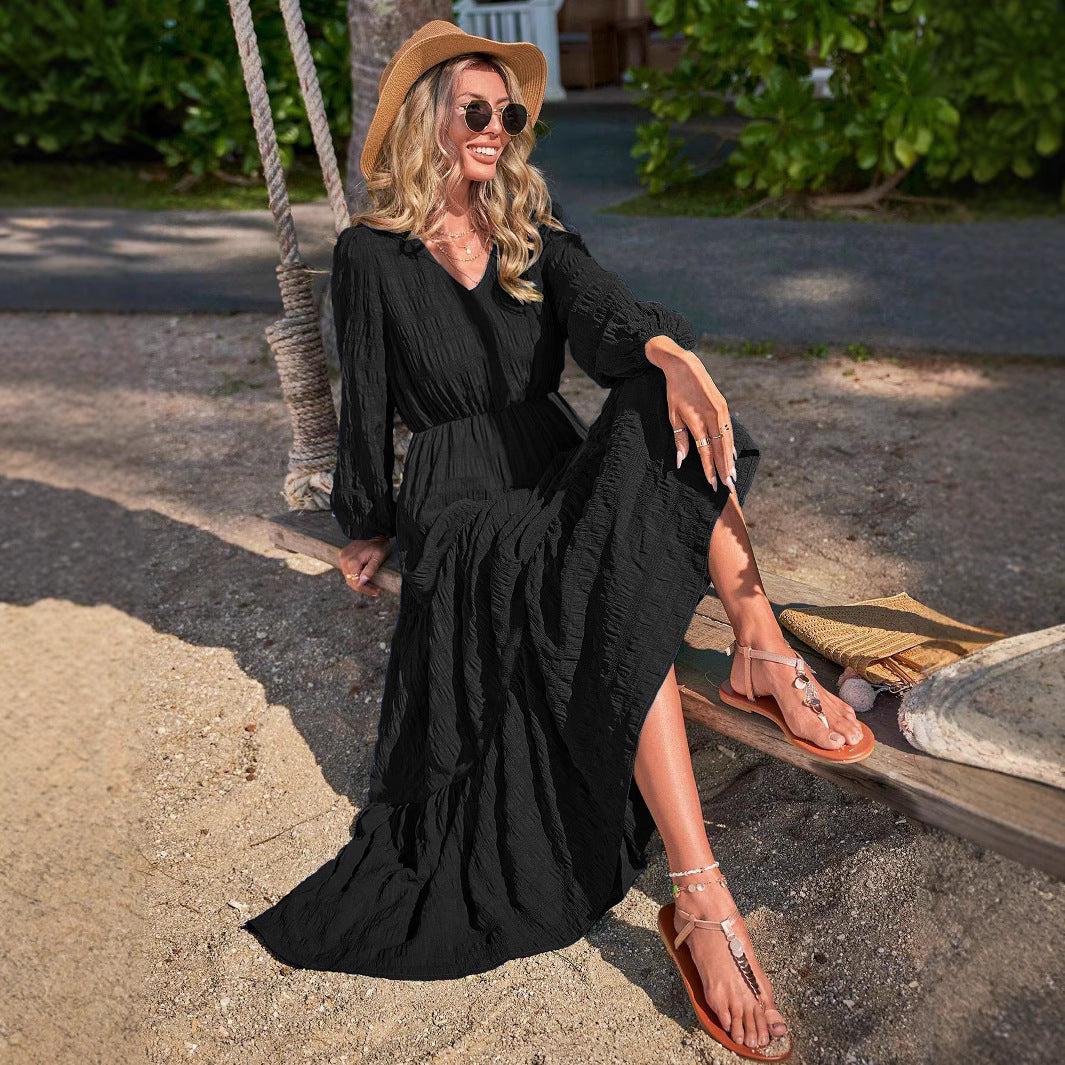 Damen Maxikleid mit leichtem Crinkle-Design und elegantem V-Ausschnitt Drune
