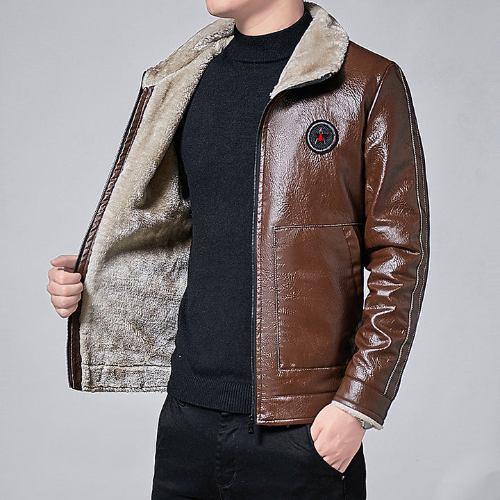 Herren Kunstleder-Fliegerblouson mit durchgehendem Sherpa-Futter und hohem Stehkragen Drune