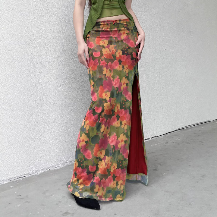 Damen Maxirock mit Chiffon-Overlay, floraler Allover-Print und hohem Seitenschlitz Drune