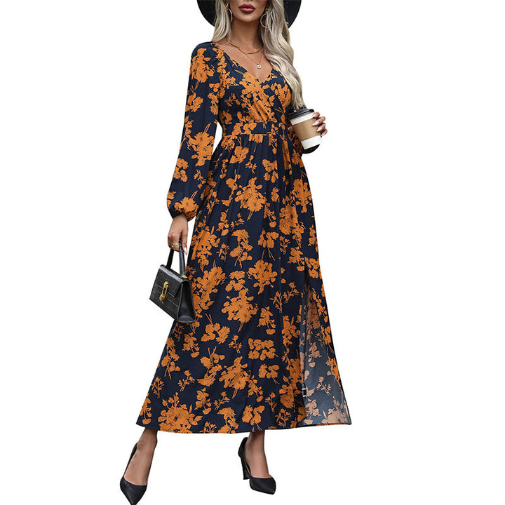 Damen Florales Maxikleid mit Wickel‑Dekolleté, Smock‑Taillenband und hohem Seitenschlitz Drune