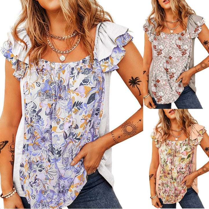 Damen Ärmelloses Blumen-Print Top mit Rüschenschultern und lockerem Fall Drune