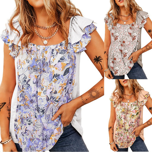 Damen Ärmelloses Blumen-Print Top mit Rüschenschultern und lockerem Fall Drune