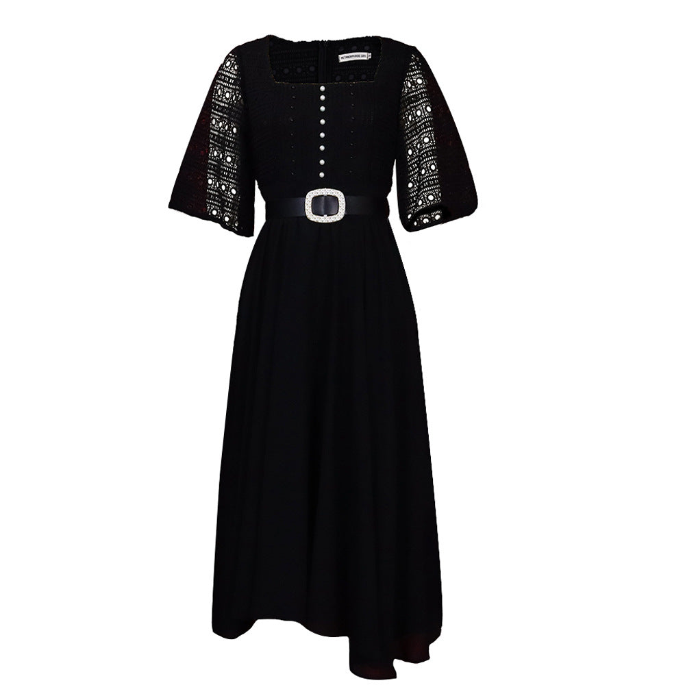 Damen Maxikleid mit dekorativem Spitzenoberteil und Taillengürtel Drune