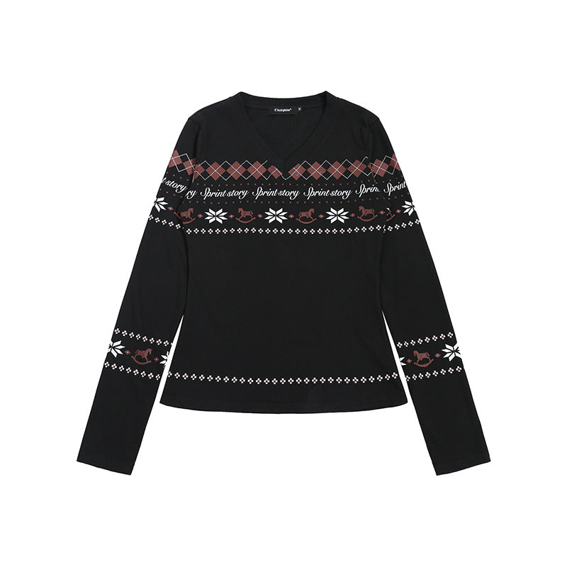 Damen Langarmshirt mit V-Ausschnitt und skandinavischem Norwegerprint aus Baumwollmix Drune