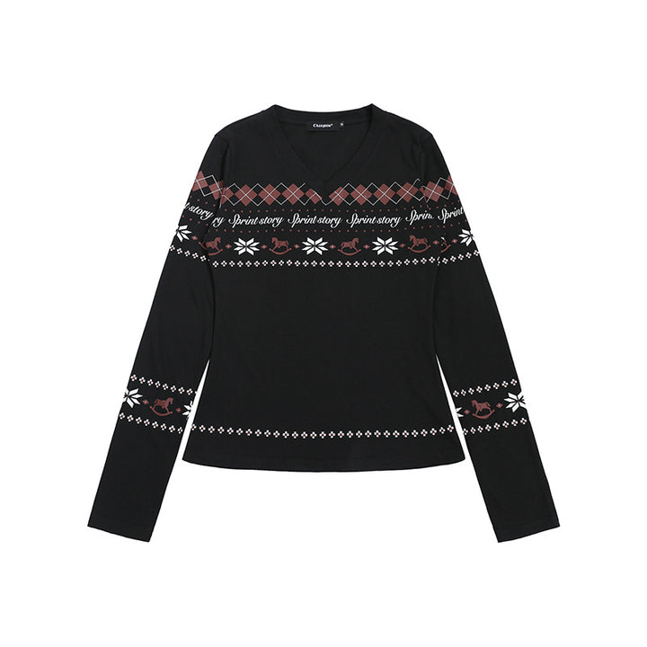 Damen Langarmshirt mit V-Ausschnitt und skandinavischem Norwegerprint aus Baumwollmix Drune