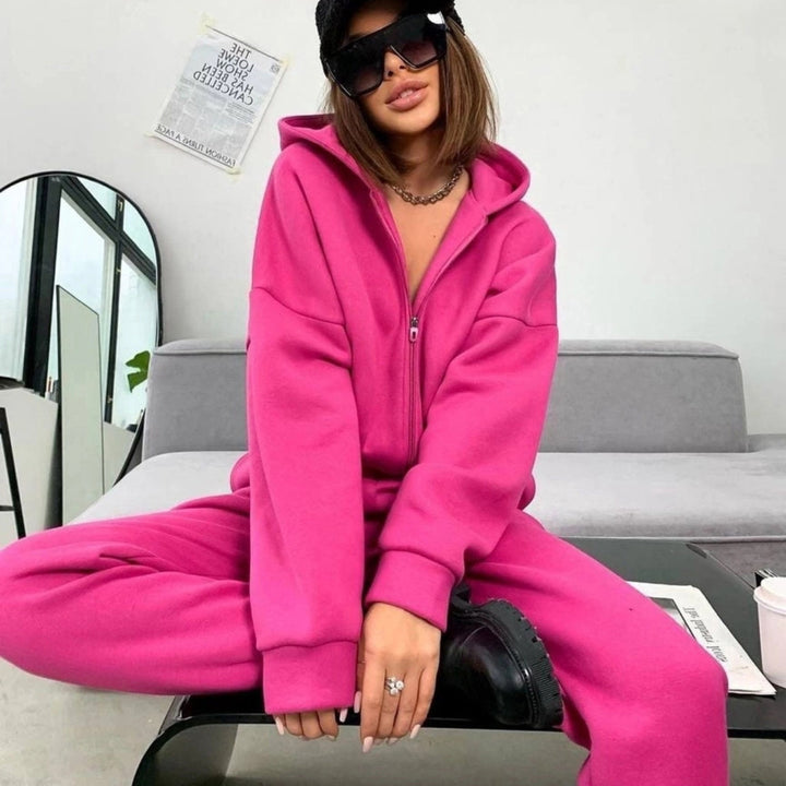 Damen komfortabler Oversize-Zweiteiler Jogginganzug mit Kapuzenhalbzip, elastischem Highwaist-Bund und Kängurutaschen Drune