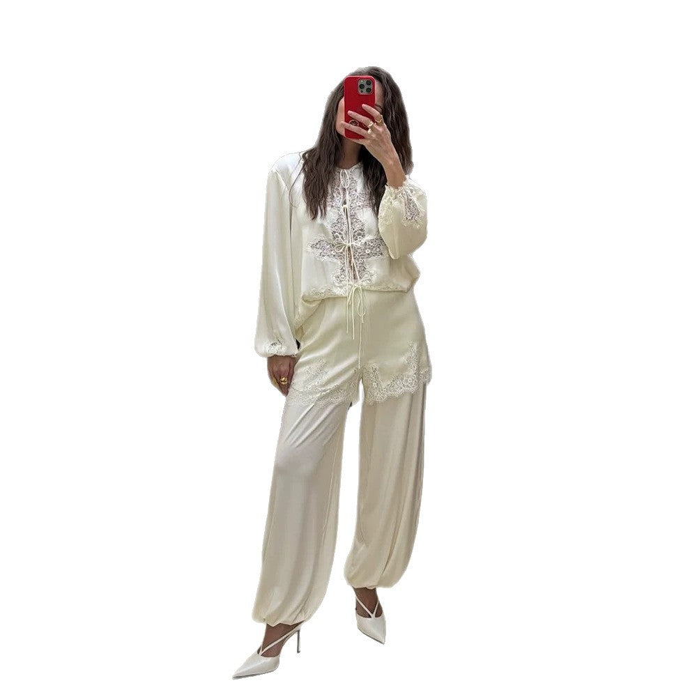 Damen Satin-Loungewear-Set mit Spitzenbesatz, Tunnelzugtop und ballonierten Palazzahosen Drune