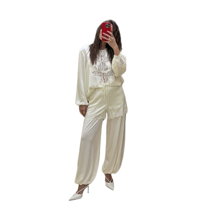 Damen Satin-Loungewear-Set mit Spitzenbesatz, Tunnelzugtop und ballonierten Palazzahosen Drune