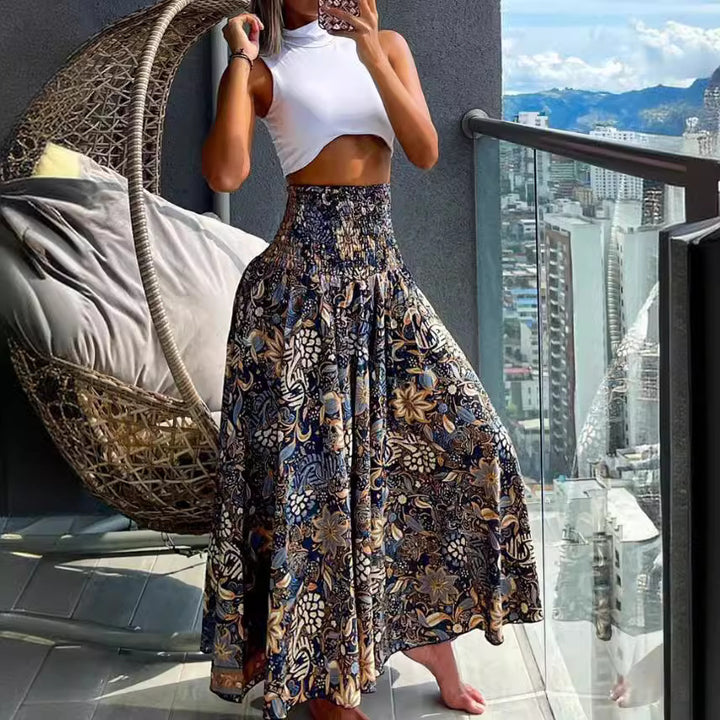 Damen nan Maxirock mit hoher Smok-Taillenpartie und fließender Boho-Faltenoptik Drune