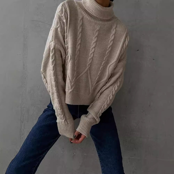 Damen Grobstrick-Rollkragenpullover mit Zopfstrick-Details Drune