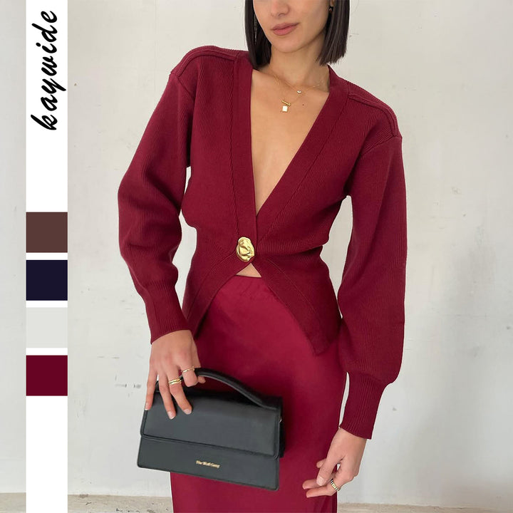 Damen nan taillierter Kurzcardigan mit tiefem V-Ausschnitt und dekorativem Zierknopf Drune