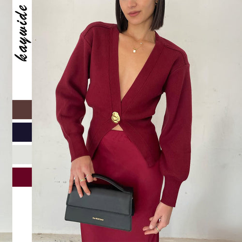 Damen nan taillierter Kurzcardigan mit tiefem V-Ausschnitt und dekorativem Zierknopf Drune