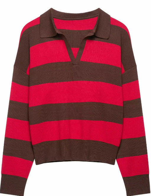 Damen Cropped Rugby-Strickpullover mit Kentkragen und V‑Ausschnitt Drune