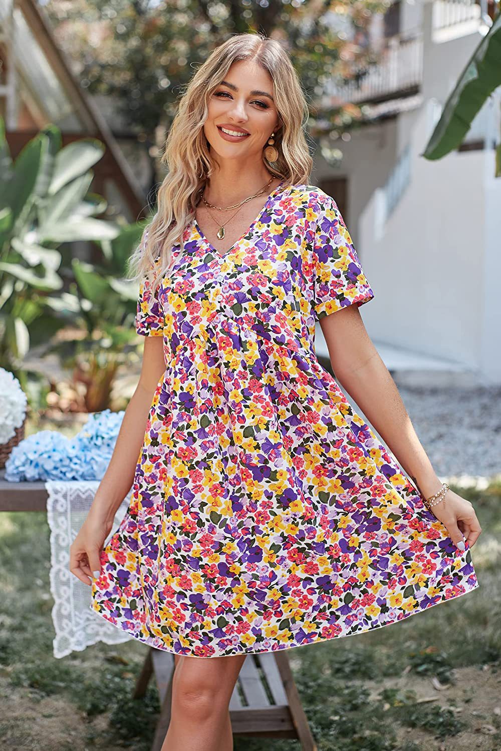 Damen Shift-Kleid mit floralem Schnitt und V-Ausschnitt Drune