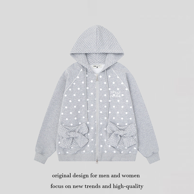 Damen Gepunktete Zip-Kapuzenjacke mit Schleifen-Taschen und Raglanärmeln Drune