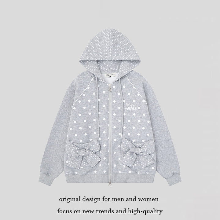 Damen Gepunktete Zip-Kapuzenjacke mit Schleifen-Taschen und Raglanärmeln Drune