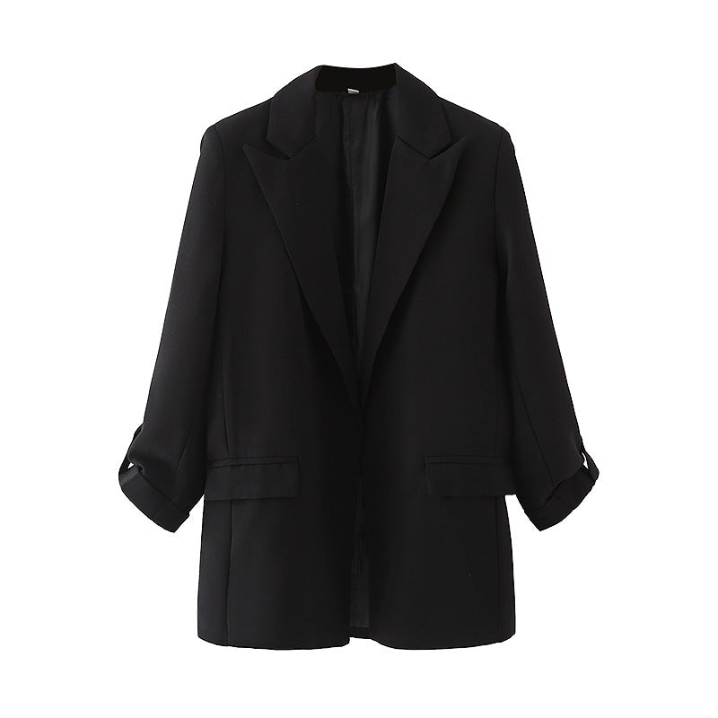 Damen nan lang geschnittener Oversize-Blazer mit weitem Revers aufgesetzten Pattentaschen und krempelbaren Ärmeln Drune