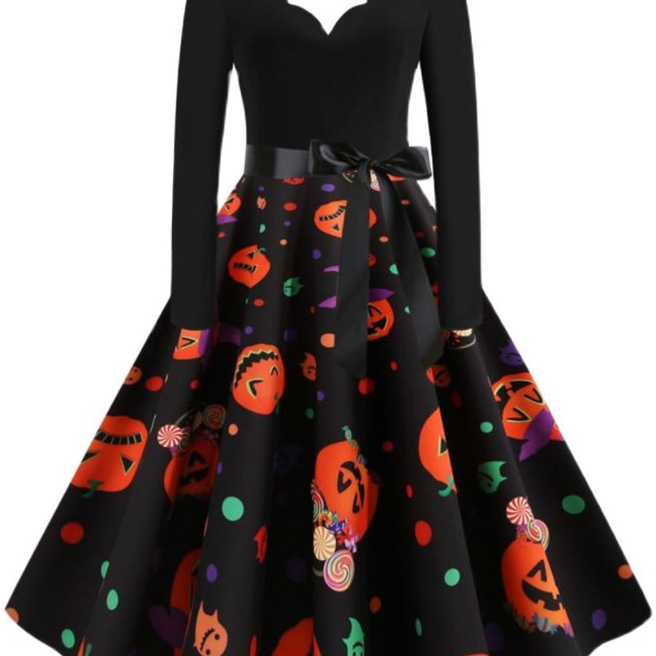 Damen Retro-Festliches Halloween-Kleid mit gewelltem Ausschnitt, taillierter Schnitt und weichem Tellerrock Drune