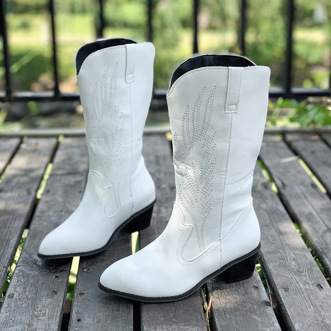 Damen Cowboy-Stiefel mit hohem Absatz und kunstvollen Stickereien Drune