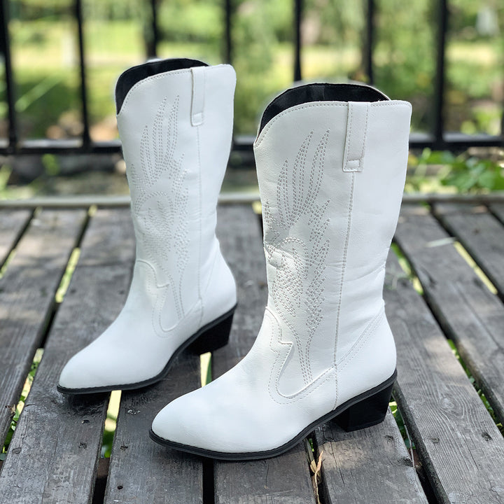 Damen Cowboy-Stiefel mit hohem Absatz und kunstvollen Stickereien Drune