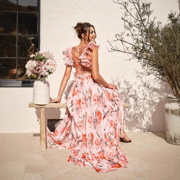 Damen Maxi-Kleid mit floralen Rüschen und schwingendem Design Drune
