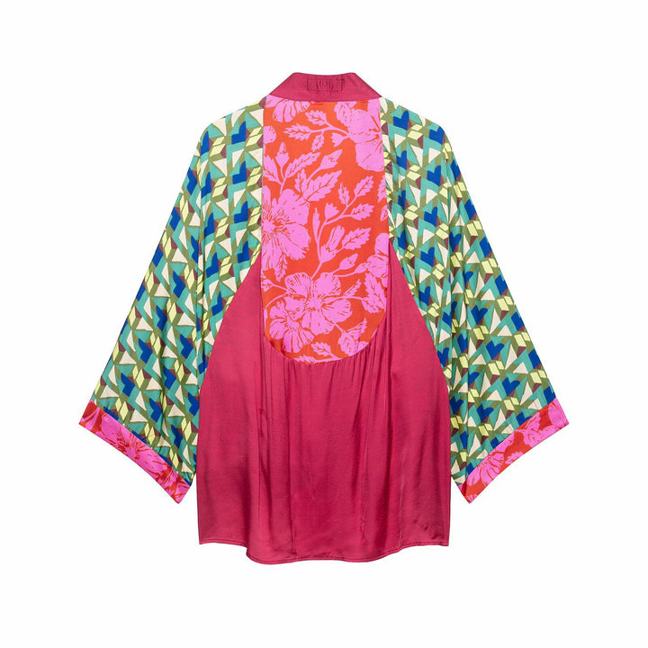 Damen Gemusterter Seiden-Kimono mit Bindegürtel und weitem Fledermausärmel Drune