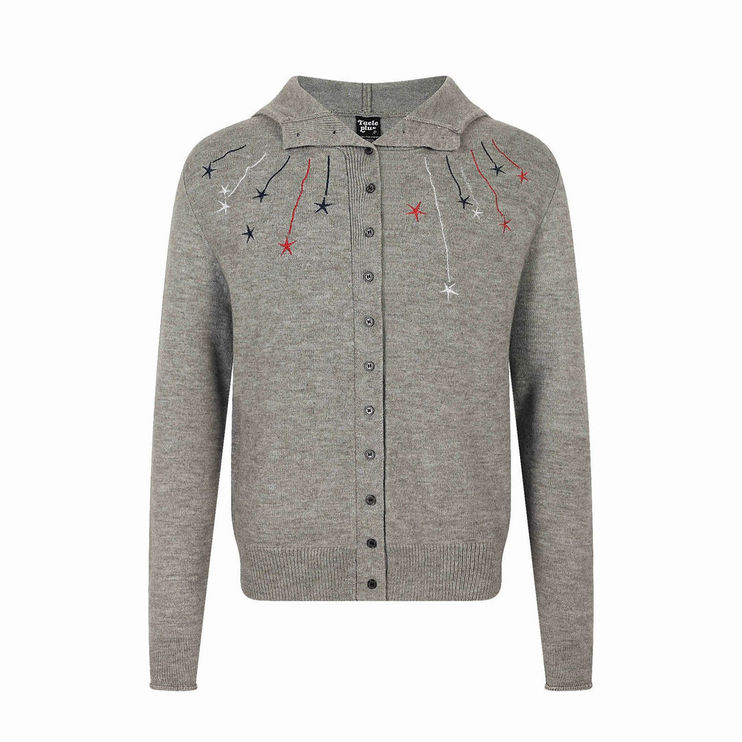 Damen Feinstrick-Cardigan mit Stehkragen, Sternstickerei und durchgehender Knopfleiste Drune