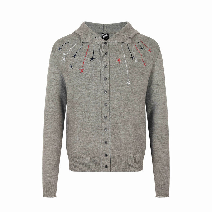 Damen Feinstrick-Cardigan mit Stehkragen, Sternstickerei und durchgehender Knopfleiste Drune