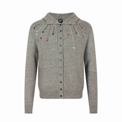 Damen Feinstrick-Cardigan mit Stehkragen, Sternstickerei und durchgehender Knopfleiste Drune