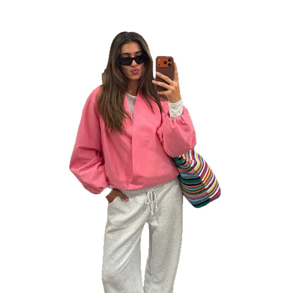 Damen Kurzblouson im Boxy-Cut mit voluminösen Ballonärmeln und verdeckter Front Drune