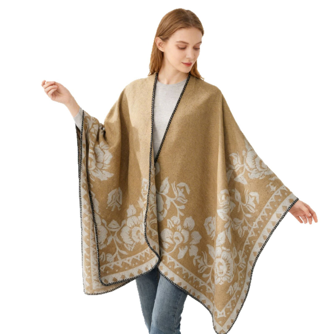 Damen Weicher Oversize-Capeponcho im Blumen-Jacquard mit kontrastierter Kettelkante Drune