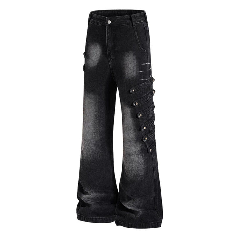 Damen Weite Jeanshose mit Used‑Effekt und seitlichen Zierknopfleisten Drune