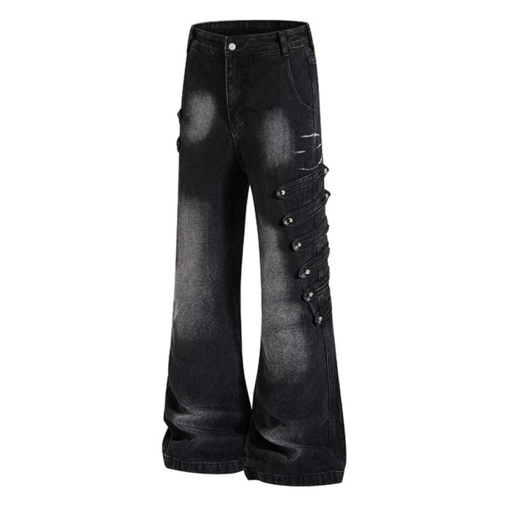 Damen Weite Jeanshose mit Used‑Effekt und seitlichen Zierknopfleisten Drune